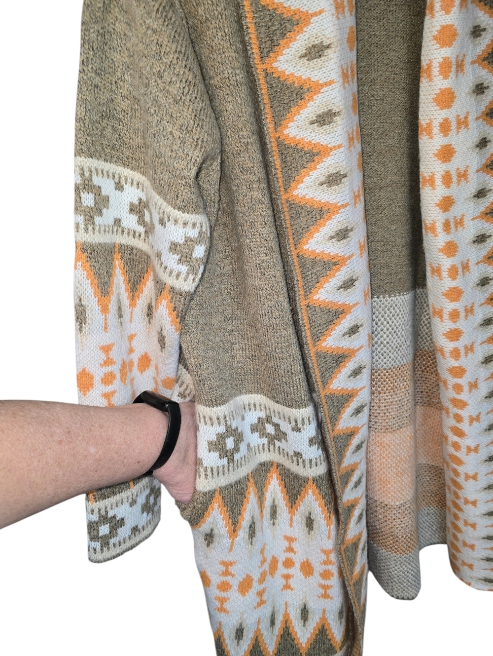 BiBi Aztec Tribal Open Front Cardigan Duster Boho Southwest Orange Taupe Size Sm - Picture 8 of 14